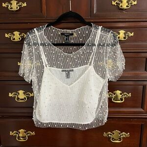 Gorgeous camisole with mesh crop top overlay with pearls NEVER WORN small